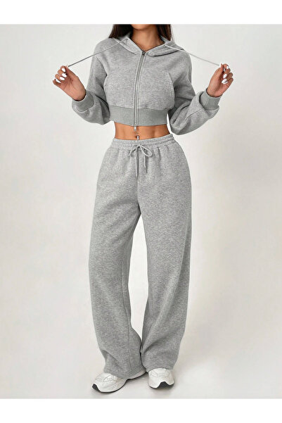 ipek collection Women's Wide-Leg Winter 2-Thread Ribbed Thick Fleece-Lined Combed Cotton Fabric Sweatpants