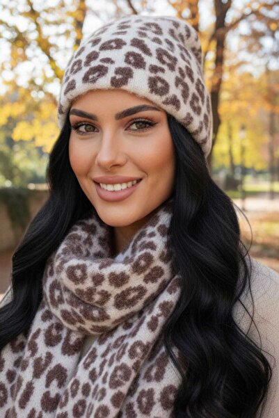 Mood Agenda Women's Premium Leopard Patterned Scarf Beanie Set of 2