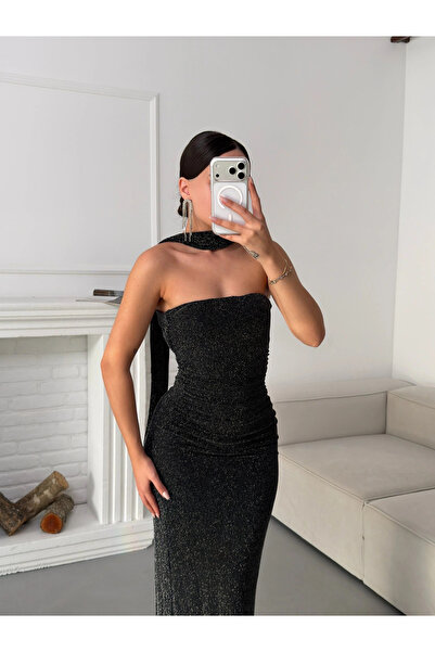 Zoom Butik Kuşaklı Straplez Simli Elbise