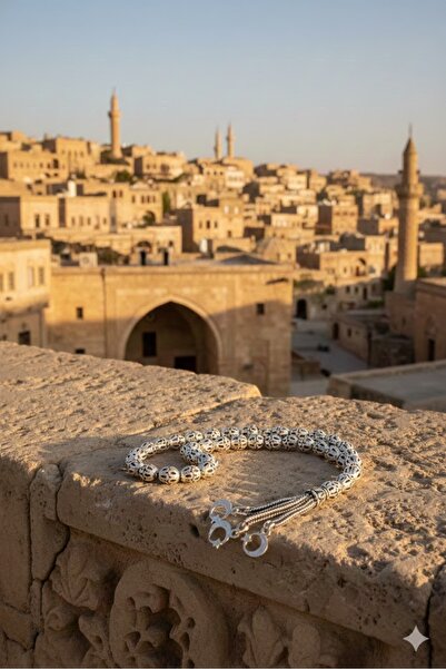 neşe silver سبحة فضية مطلية يدويًا بتصميم هلال ونجمة مطرزة بالفسيفساء