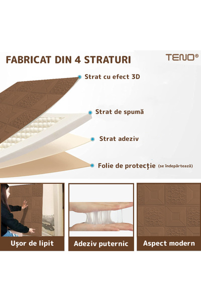 Teno Set 10x Tapet 3D Teno®, suprafata acoperire 4.9 mp, autoadeziv, perete/tavan, 70x70 cm, maro