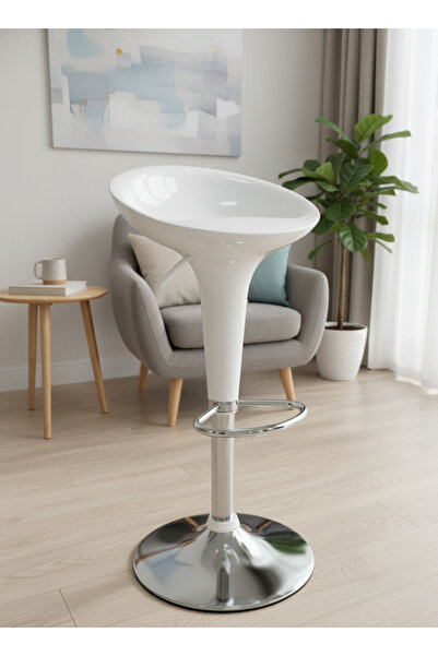 Living كرسي بار بمقعد بلاستيكي مقوى وقاعدة معدنية فضية