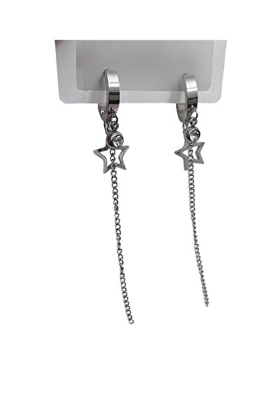 Cesicey Chain Detailed Stoned Star Women's Steel Earrings Silver Color
