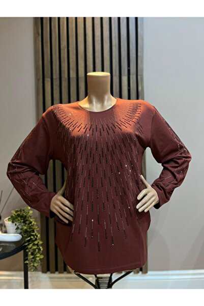 AKMAVİ Kadın Orta Yaş Ve Üzeri Taşlı Şeritli Kiremit Anne Penye Bluz