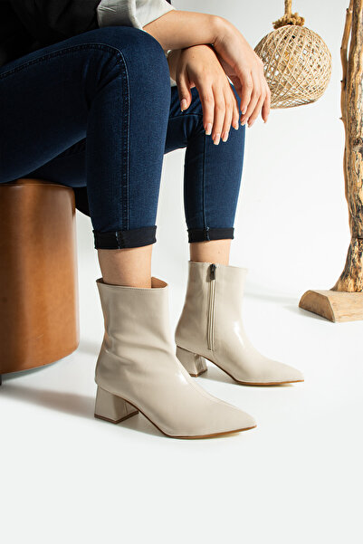 KOTAN Beige Shiny Pointed Toe Thick Heeled Zipper Detailed Women's Boots-Stylish Leather-Look New Season