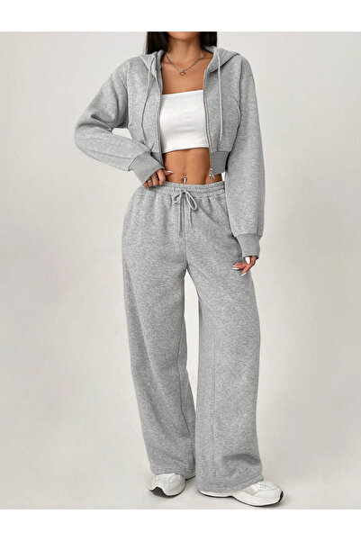 ipek collection Women's Wide-Leg Winter 2-Thread Ribbed Thick Fleece-Lined Combed Cotton Fabric Sweatpants