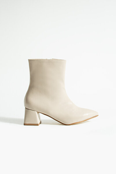 KOTAN Beige Shiny Pointed Toe Thick Heeled Zipper Detailed Women's Boots-Stylish Leather-Look New Season