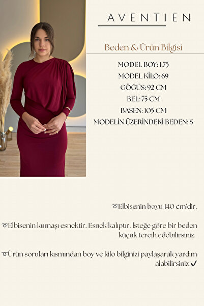 Aventien Asymmetrical Draped Design Burgundy Dress