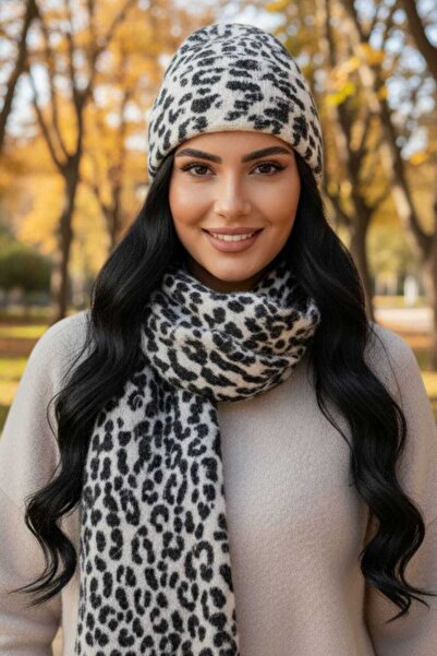 Mood Agenda Women's Premium Leopard Patterned Scarf Beanie Set of 2