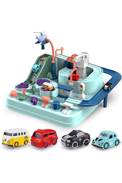 Generic Sandbro Car Adventure Playset — Mechanical Slot Race Track with 4 Mini Cars, Ages 3-7