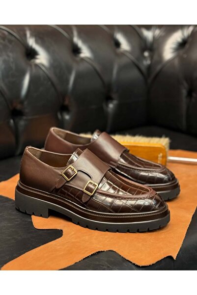 Avni Ceylan Crocodile Patterned Leather Classic Shoes with Buckle Detail