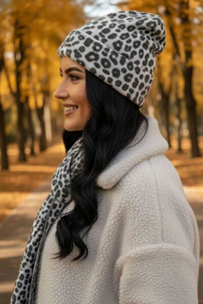 Mood Agenda Women's Premium Leopard Patterned Scarf Beanie Set of 2