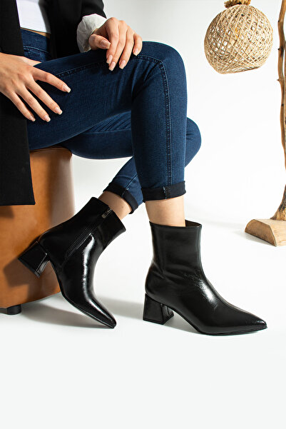 KOTAN Black Shiny Pointed Toe Thick Heeled Zipper Detailed Women's Boots-Stylish Leather-Look New Season