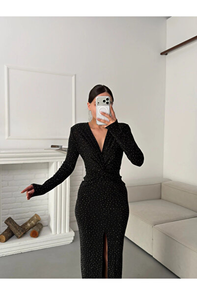 Zoom Butik Derin Yırtmaçlı Kruvaze Elbise - SİYAH