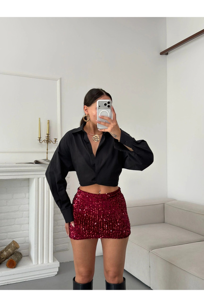 Zoom Butik Payetli Şort Etek - BORDO