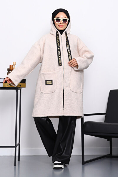 İmajButik Stone Hooded Boucle Coat with Pocket Detail