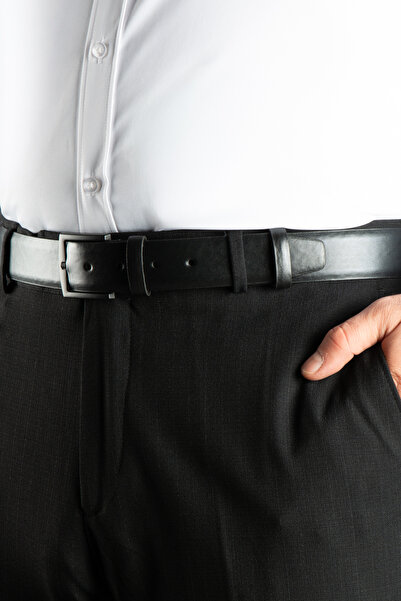 ZEKİ ÖZER Men's Black Faux Leather Belt 3.5 cm