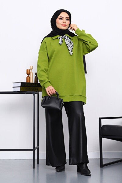 İmajButik Oil Green Tunic with Scarf Detail on the Collar