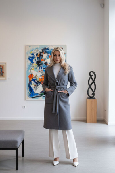 Feminist Çift Cepli Kemer Bağlamalı Kapüşonlu Yün Kaban Gri 0108089