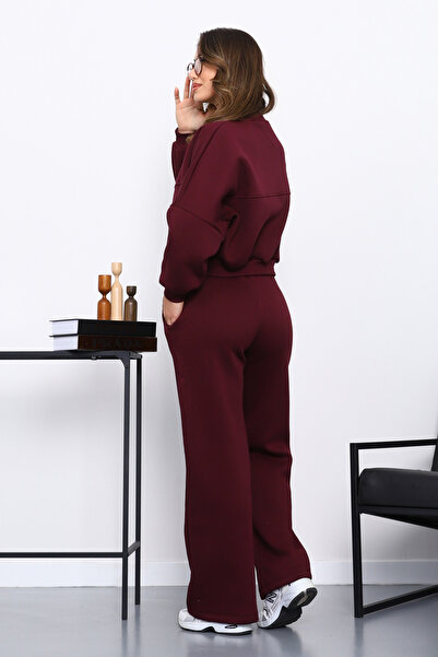 İmajButik Plum Three Thread Sweat Cardigan Trouser Set