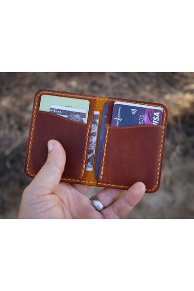 Derici Amca Genuine Cowhide Leather, Handmade Minimal Vertical Card Holder Wallet 4 Compartments Camel