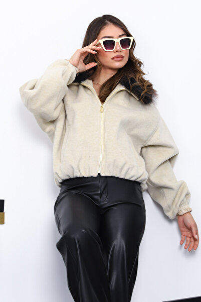 İmajButik Stone Collar Fur Oversized Bomber Cashmere Jacket