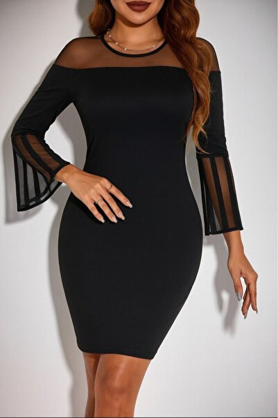 Genel Markalar Kadın Uzun Şeffaf Şerit Kollu Madonna Yaka Vücudu Saran Dalgıç...