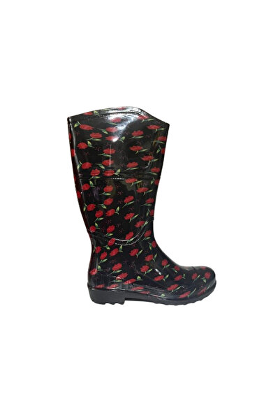 Emek Γυναικείες μπότες βροχής μαύρες-κόκκινες Tulip Garden EMK2036-97
