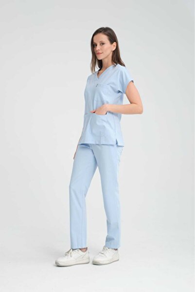 YILMAZ Üniforma V yaka buz mavi likralı unisex doktor hemşire takım scrubs