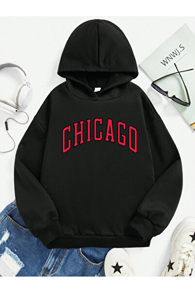 SVART WEAR Hanorac pentru copii cu buzunar cangur, imprimat Chicago, 100% bum...