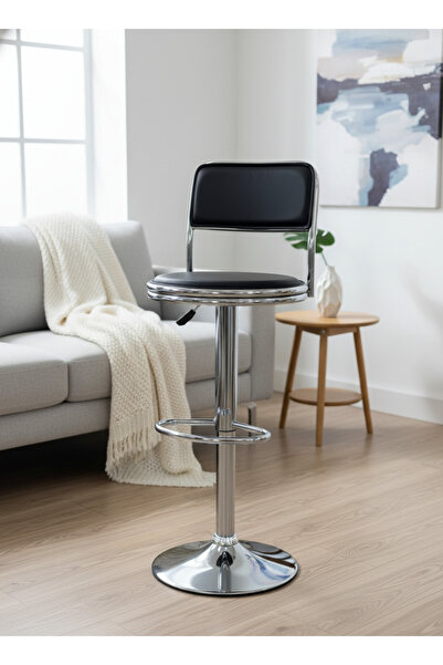 Living كرسي بار دوار مصنوع من الجلد الأسود مع قاعدة معدنية ومسند للظهر ومسند ...