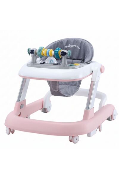 AMYMAT 2-in-1 Height-Adjustable Baby Walker with Musical Tray, Gray, 6 Wheels