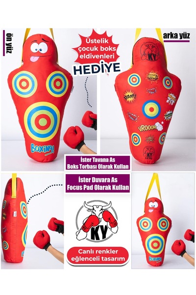 Ky Boks Çocuk Boks Torbası Seti Renkli Hedefli + Boks Eldiveni Hediyeli | Evde Spor Oyuncağı