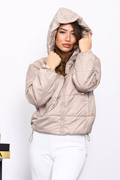 İmajButik Beige Hooded Short Puffer Jacket