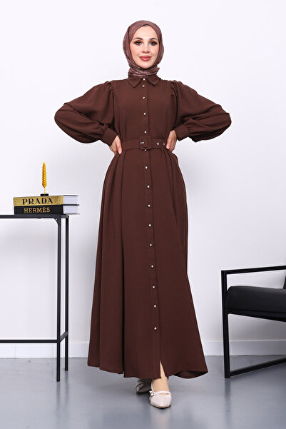 İmajButik Φόρεμα με καφέ ζώνη μέσης