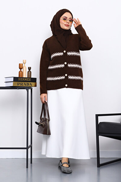İmajButik Brown V-Neck Angora Soft Cardigan