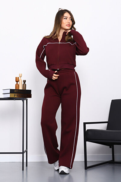 İmajButik Plum Three Thread Sweat Cardigan Trouser Set