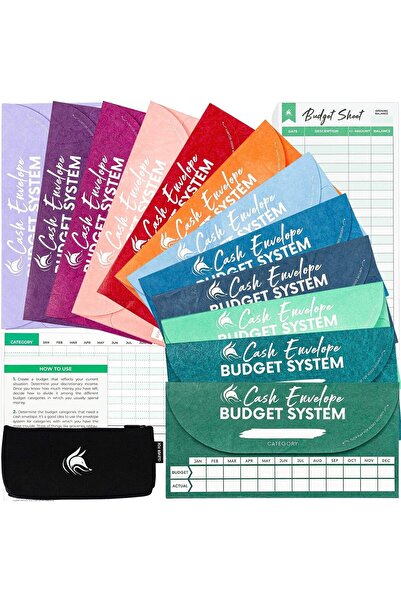 Clever Fox Cash Envelope Budgeting System - 12 Pack, Tearproof & Water-Resistant, Includes Carry Bag