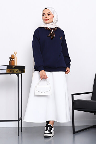 İmajButik Μπλε σκούρο φουλάρι με αξεσουάρ Ceylan, κεντημένο με τρεις κλωστές