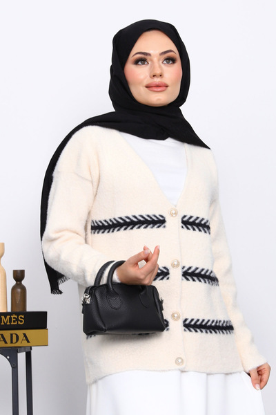 İmajButik Κρεμ ζακέτα με λαιμόκοψη σε σχήμα V Angora Yumoş