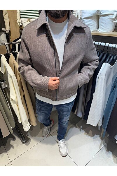MODA Erkek Dokulu Kumaş Overshirt Stil Fermuarlı Ceket Vizon Renk