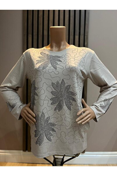 AKMAVİ Kadın Orta Yaş Ve Üzeri 3 Yapraklı Taşlı Bej Anne Penye Bluz