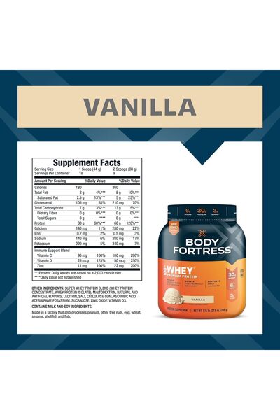 Body Fortress 100% Whey Protein Powder, Vanilla Flavor, 789 g (Packaging May Vary)