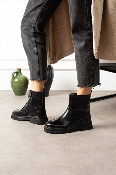 KOTAN Women's Patent Leather Black Flat Sole Zippered Short Boots |   Non-Slip Sole Daily Winter Boots