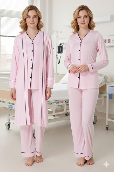 BLACKMORE Women's Powder-Colored Button-Front Cotton Full-Length Dressing Gown Maternity 3-Piece Pajama Set