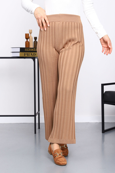 İmajButik Biscuit High Waist Corded Fabric Wide Leg Knitwear Trousers