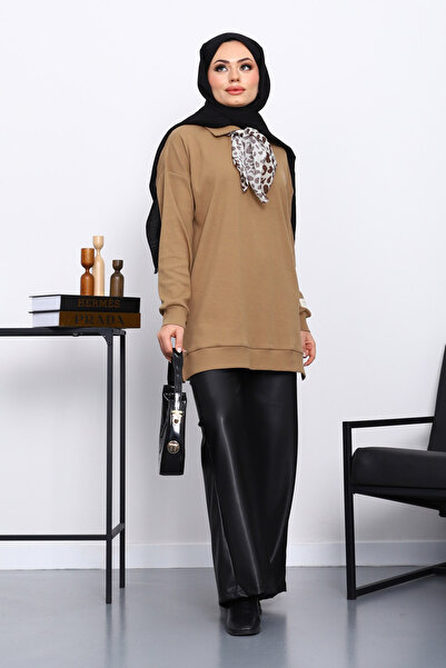 İmajButik Camel Tunic with Scarf Detail on the Collar