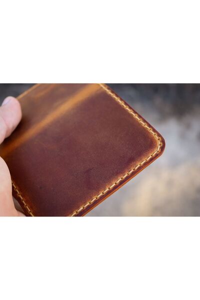 Derici Amca Genuine Cowhide Leather, Handmade Minimal Vertical Card Holder Wallet 4 Compartments Camel