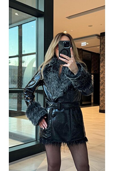 FEMİAS Black Leather Coat with Fur Collar and Sleeves