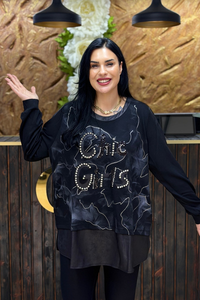 GÖKSEL TAŞLI DERİ DETAYLI BÜYÜK BEDEN TUNİK SİYAH